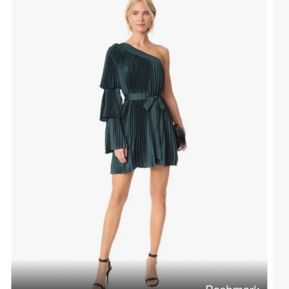 Keepsake Off The Shoulder Dress Pleats Mini  Dress Bottle Green Size M - Picture 3 of 10